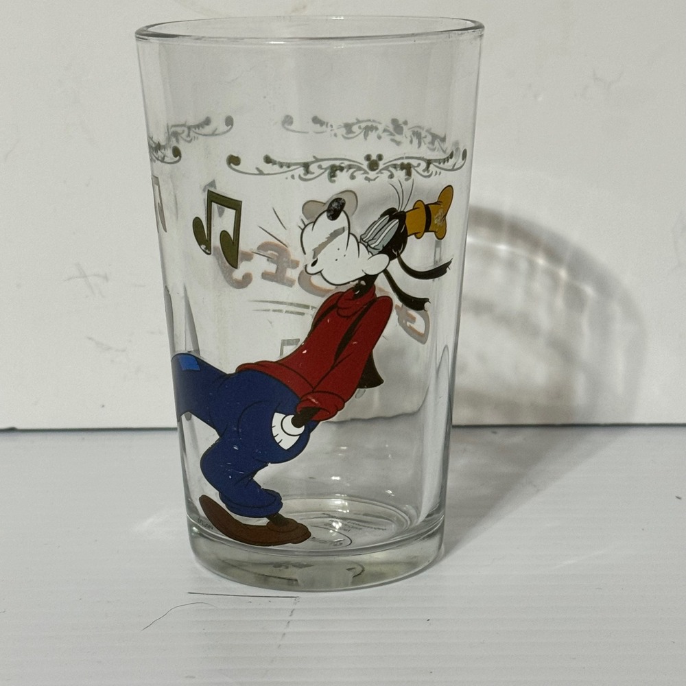 Disney Goofy Drinking Glass Clear Tumbler Red Sweater Musical Notes Silver Trim